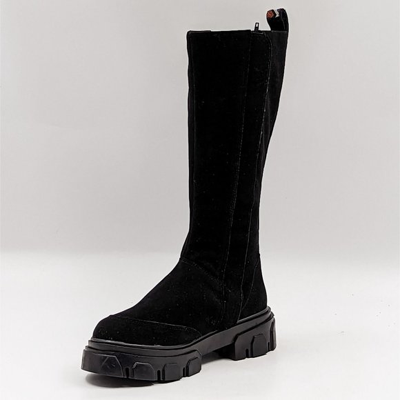 Farm Rio Women Long Black Fabric Platform Retro Round toe Knee Zip Boots size 7 - Picture 10 of 12